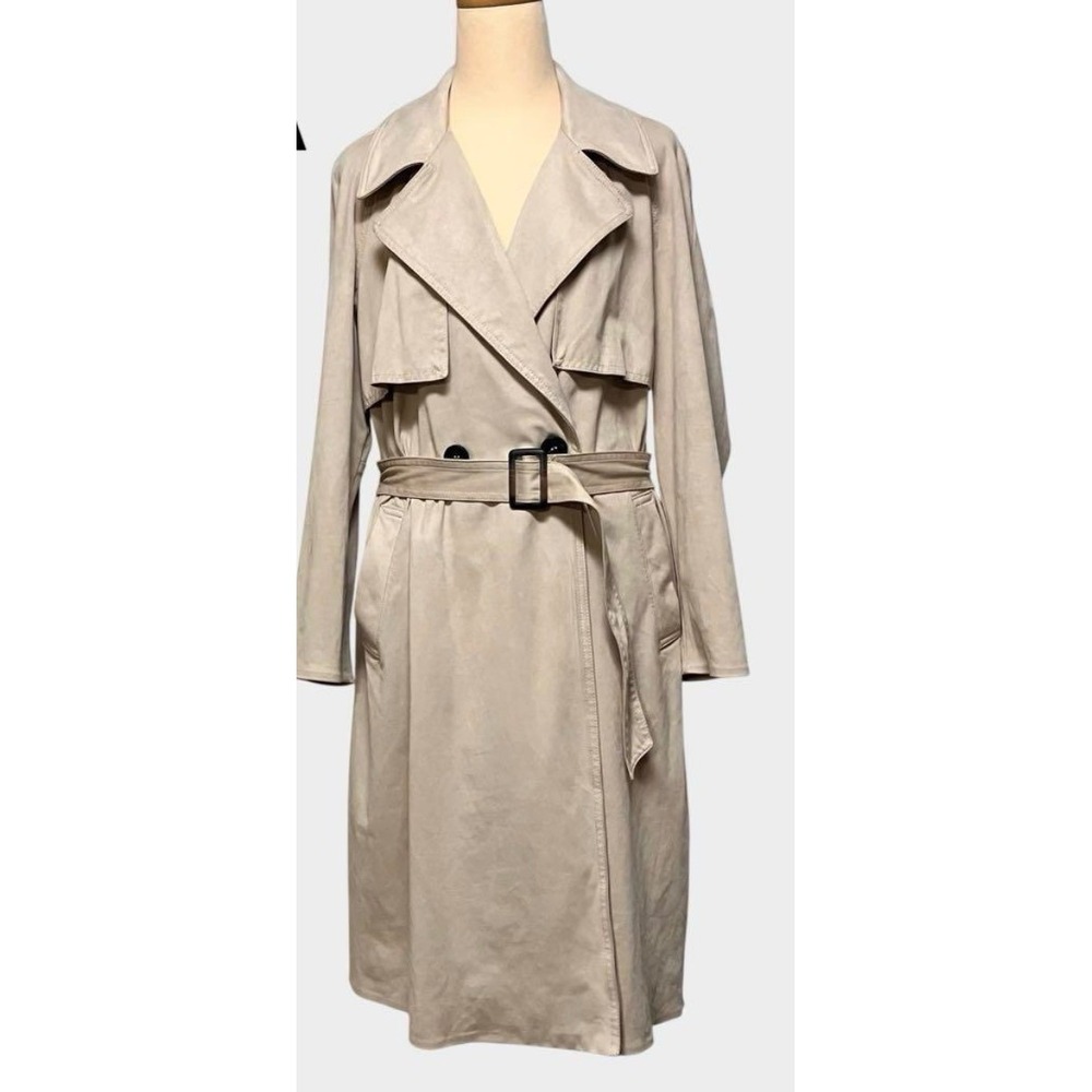 Zara Faux Suede Belted Trench Coat Sage Green Olive Double Breasted Size Medium